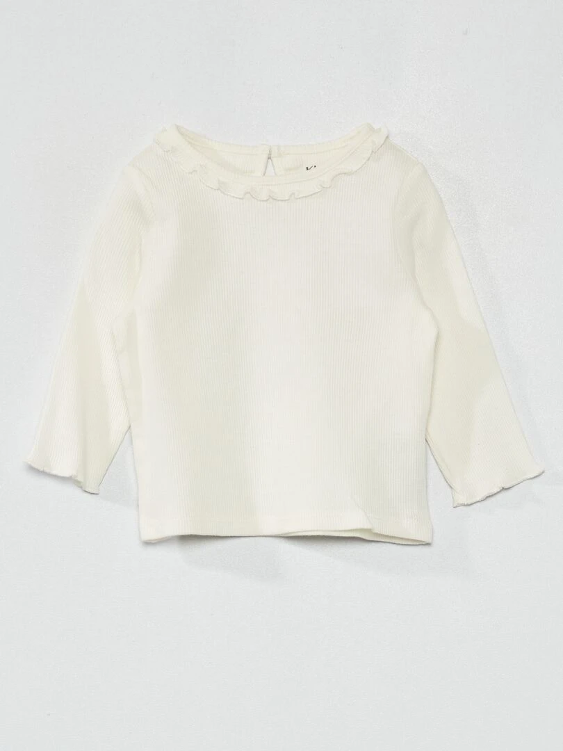 T shirt en maille côtelée col volanté blanc