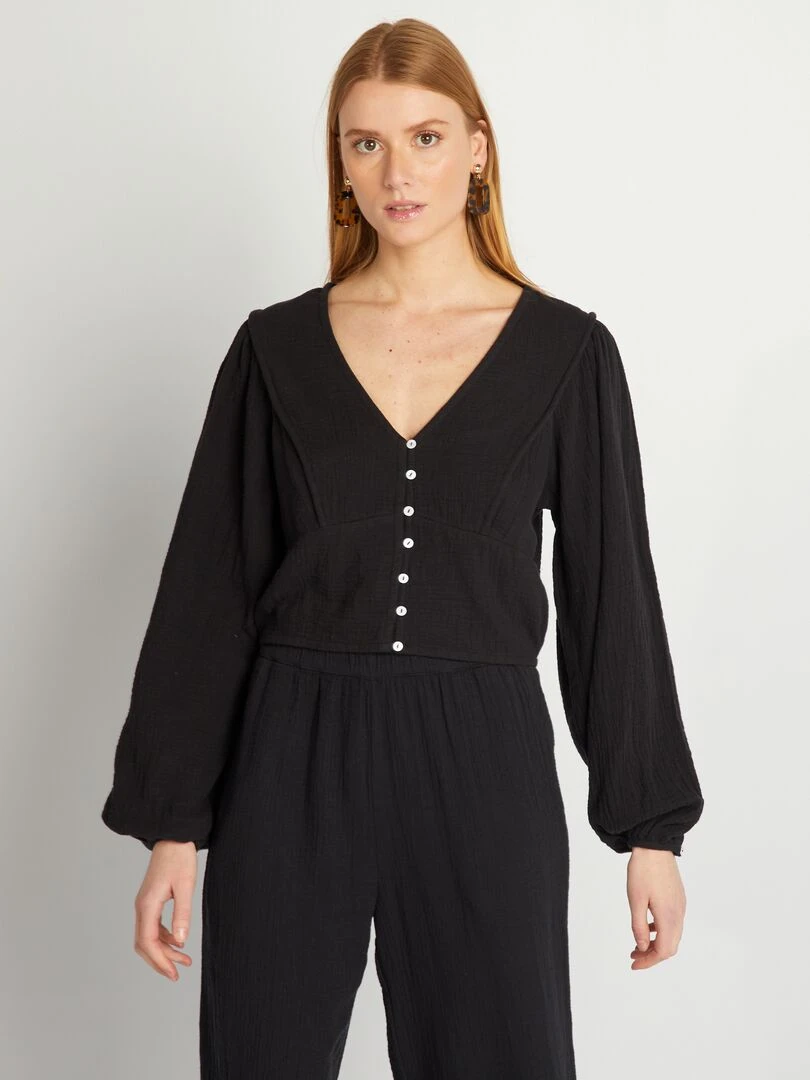 Blouse crop top en gaze de coton   noir