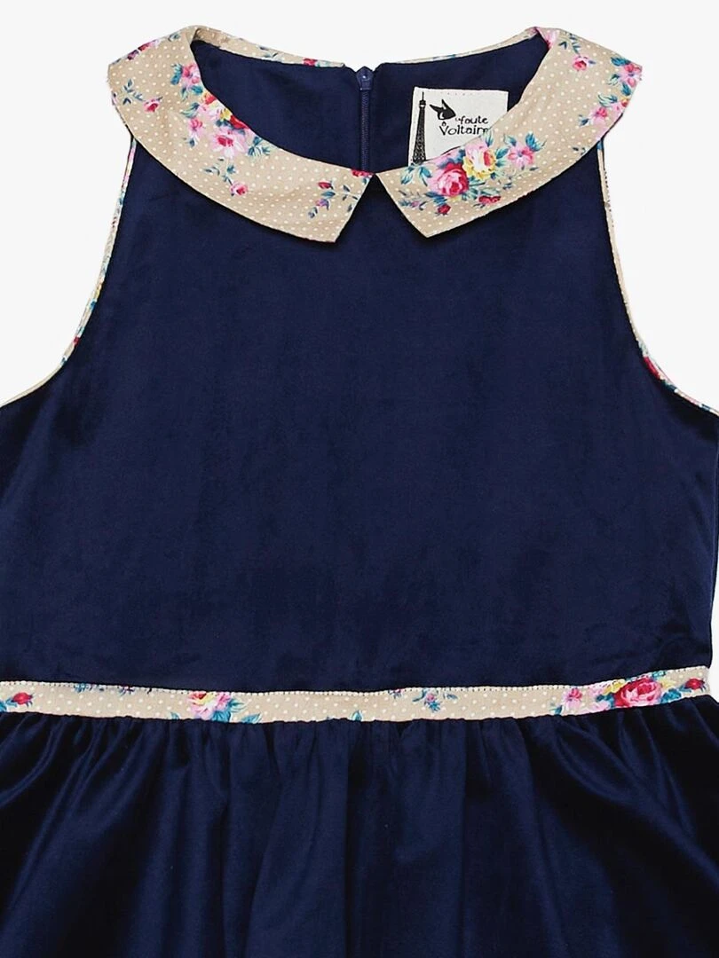 Robe Qui Tourne Fille  Velours Bleu Marine  Col Fleuri Beige  HEPBURN   'LA FAUTE A VOLTAIRE'   Bleu marine