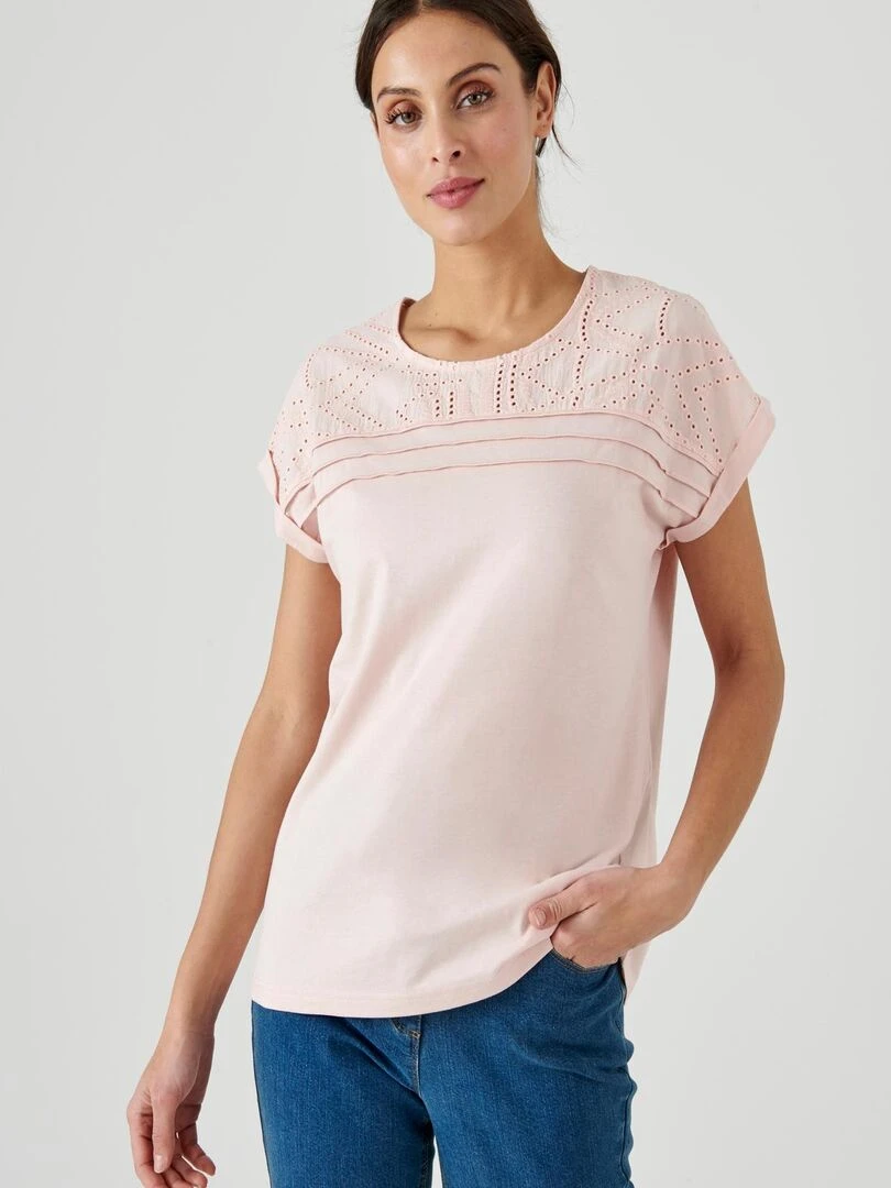 Tee shirt détails broderie anglaise Damart Rose pâle