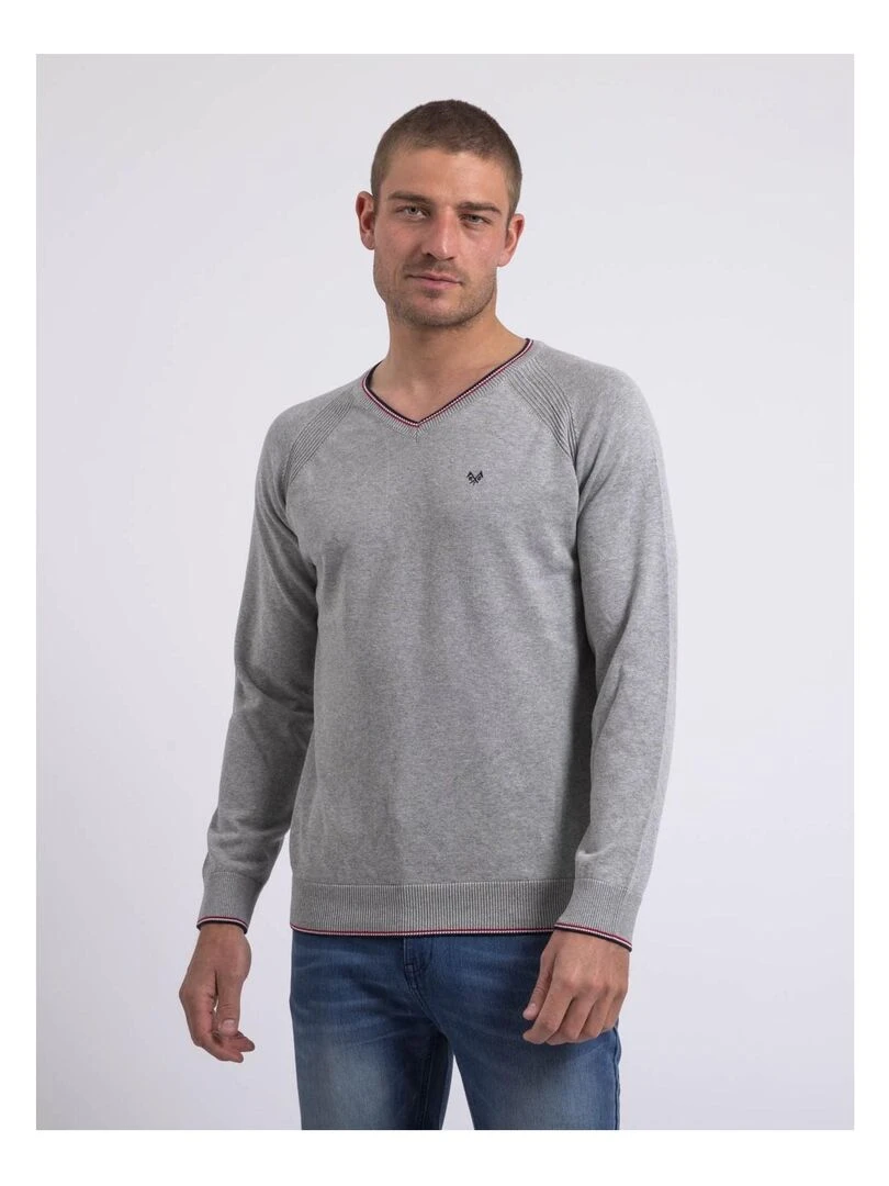 Pull fin col V coton ANTON Gris clair