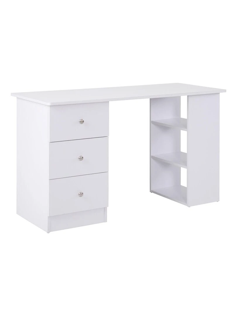 Bureau multimédia 3 tiroirs 2 étagères blanc Blanc