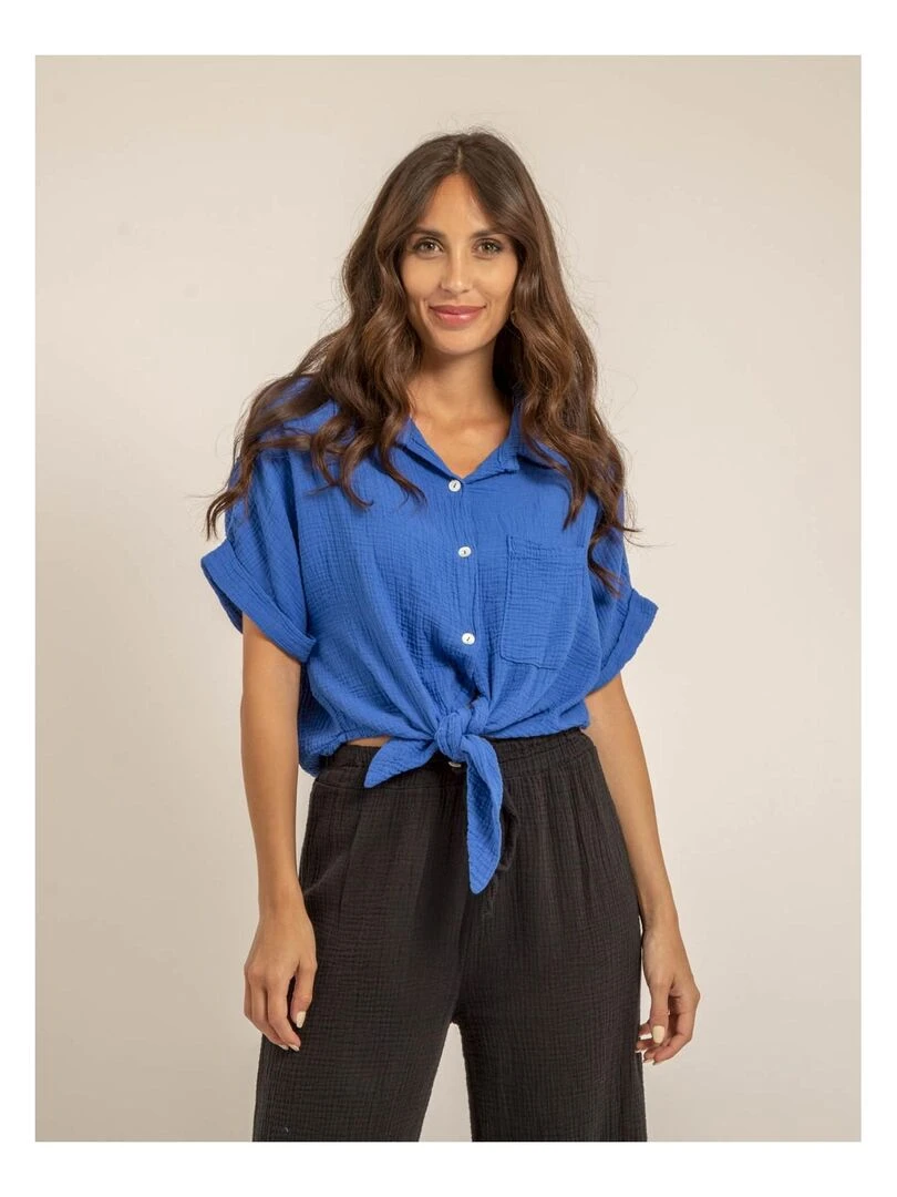 Chemise manches courtes gaze de coton ODETTE   Bleu roi