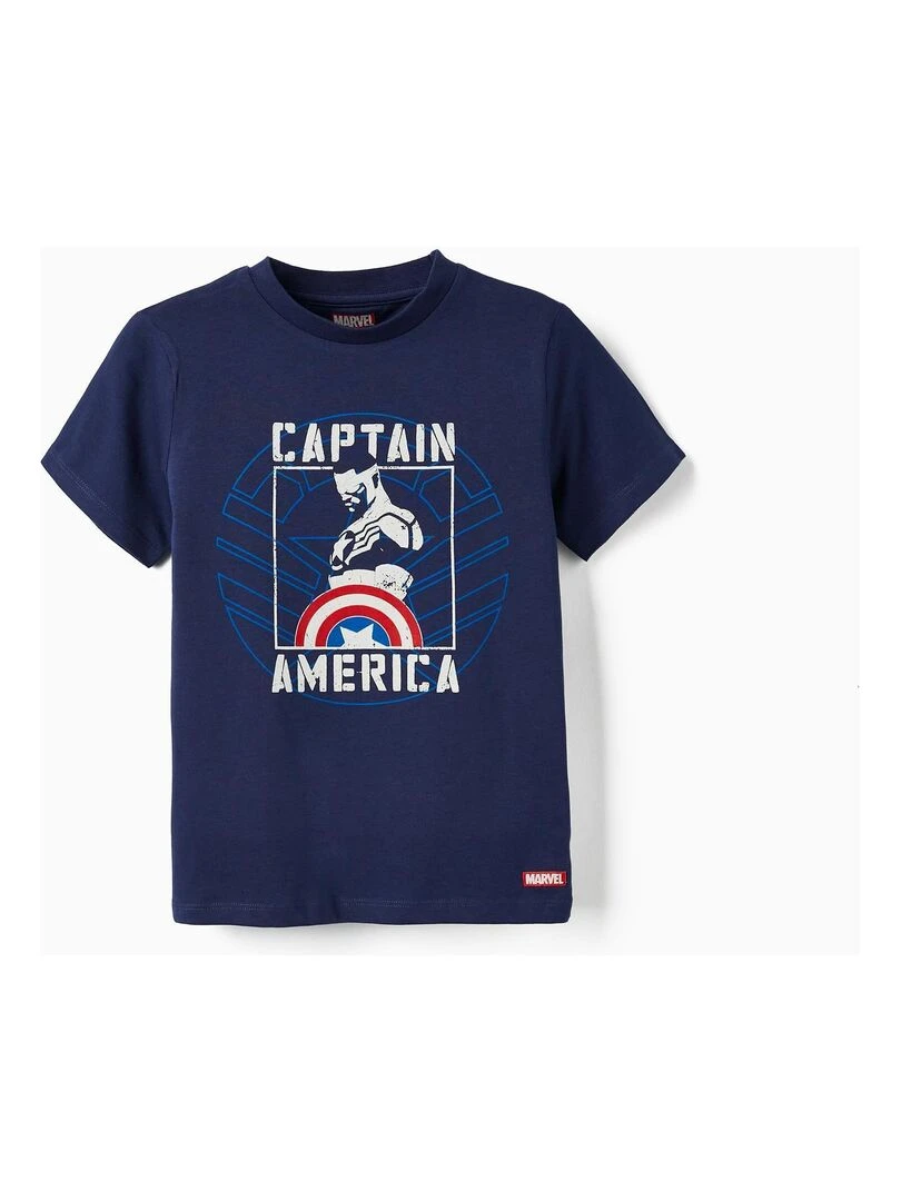T shirt en coton pour garçon 'Capitaine Amérique Sam Wilson' manches courtes Bleu foncé