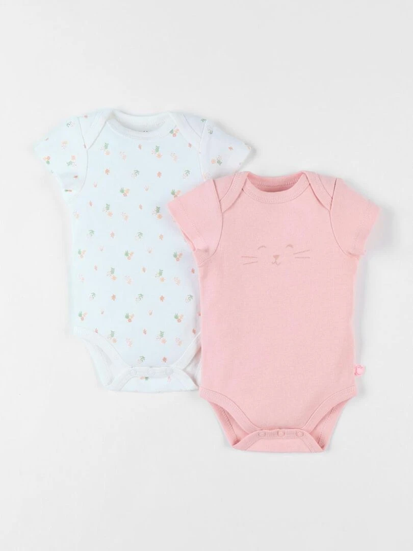 Set de 2 bodies fleuris et guépard en coton écru/rose moyen Noukie's Rose