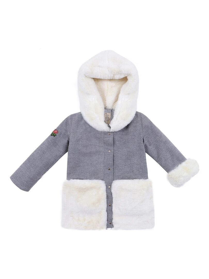 Manteau Laine Fille  Gris Souris Fausse Fourrure Beige  MIMI OURS   'LA FAUTE A VOLTAIRE'   Gris clair