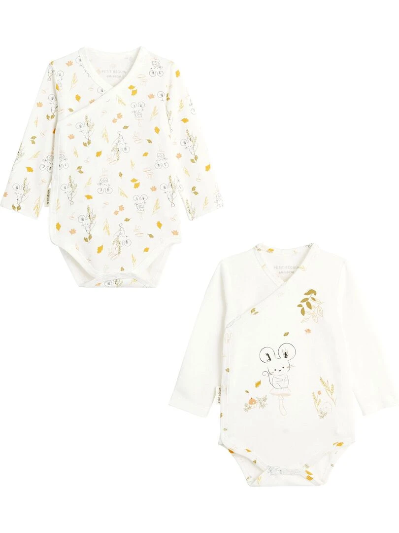 Lot de 2 bodies bébé manches longues ouverture croisée Mini Souris Ecru
