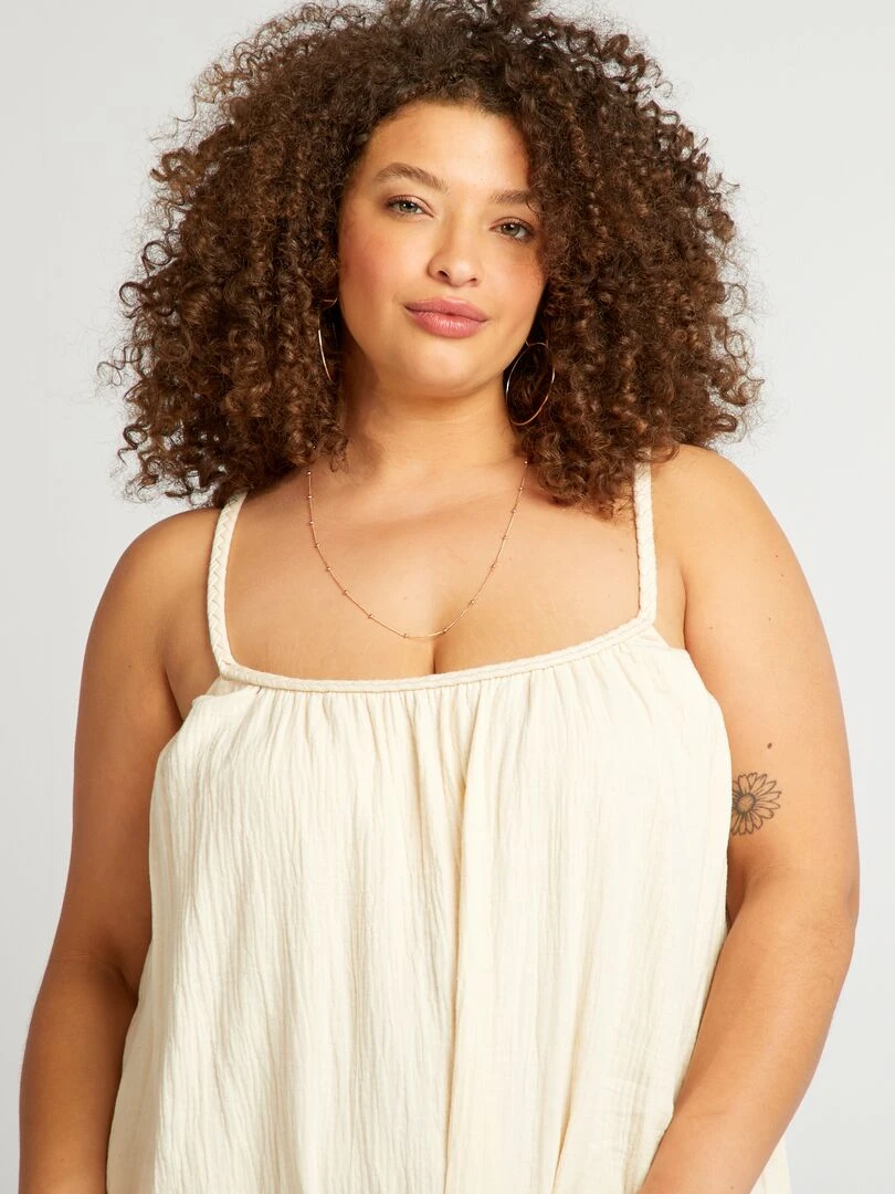 Robe longue volantée à bretelles tressées   Beige