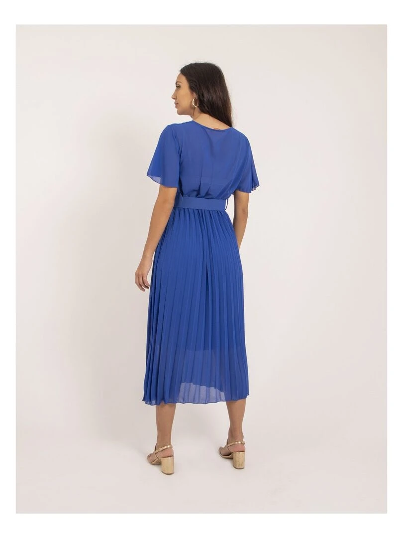 Robe midi plissée et ceinture ISALA Bleu roi