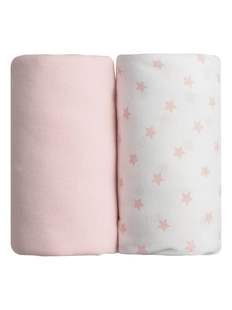 Lot de 2 draps housse en coton 60x120 cm   Rose + Imprimé étoiles   Rose pâle