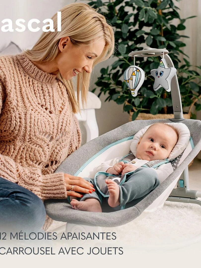 LIONELO Pascal Balancelle Transat Bébé Électrique 12 mélodies Jouets suspendus Gris Blanc Bleu