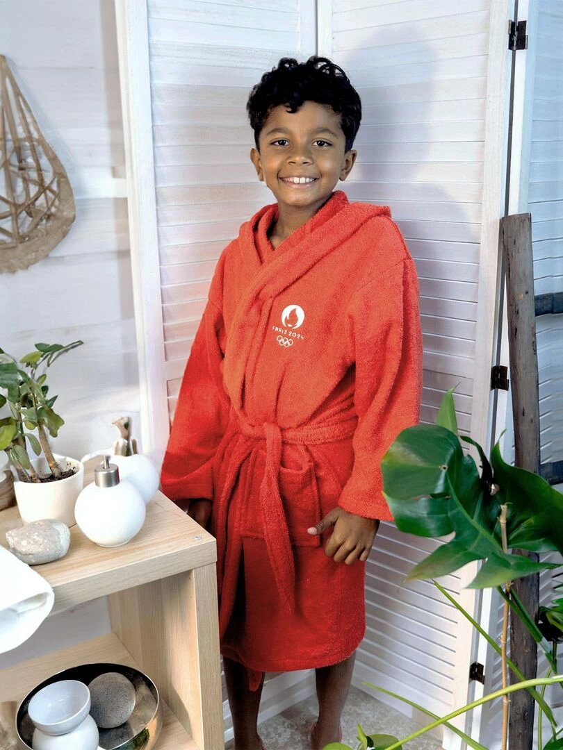 Peignoir enfant 100% coton  PARIS 2024 MASCOTTE OLYMPIQUE ALLEZ   Rouge
