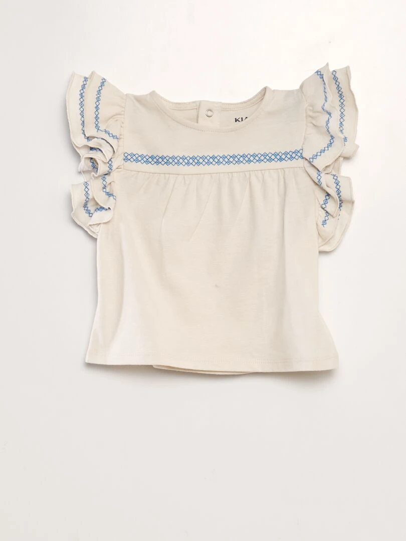 T shirt avec volants aux emmanchures Blanc/bleu