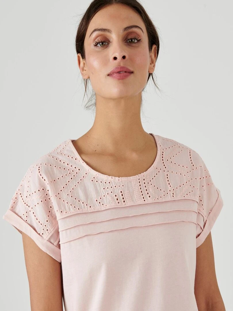 Tee shirt détails broderie anglaise   Damart   Rose pâle