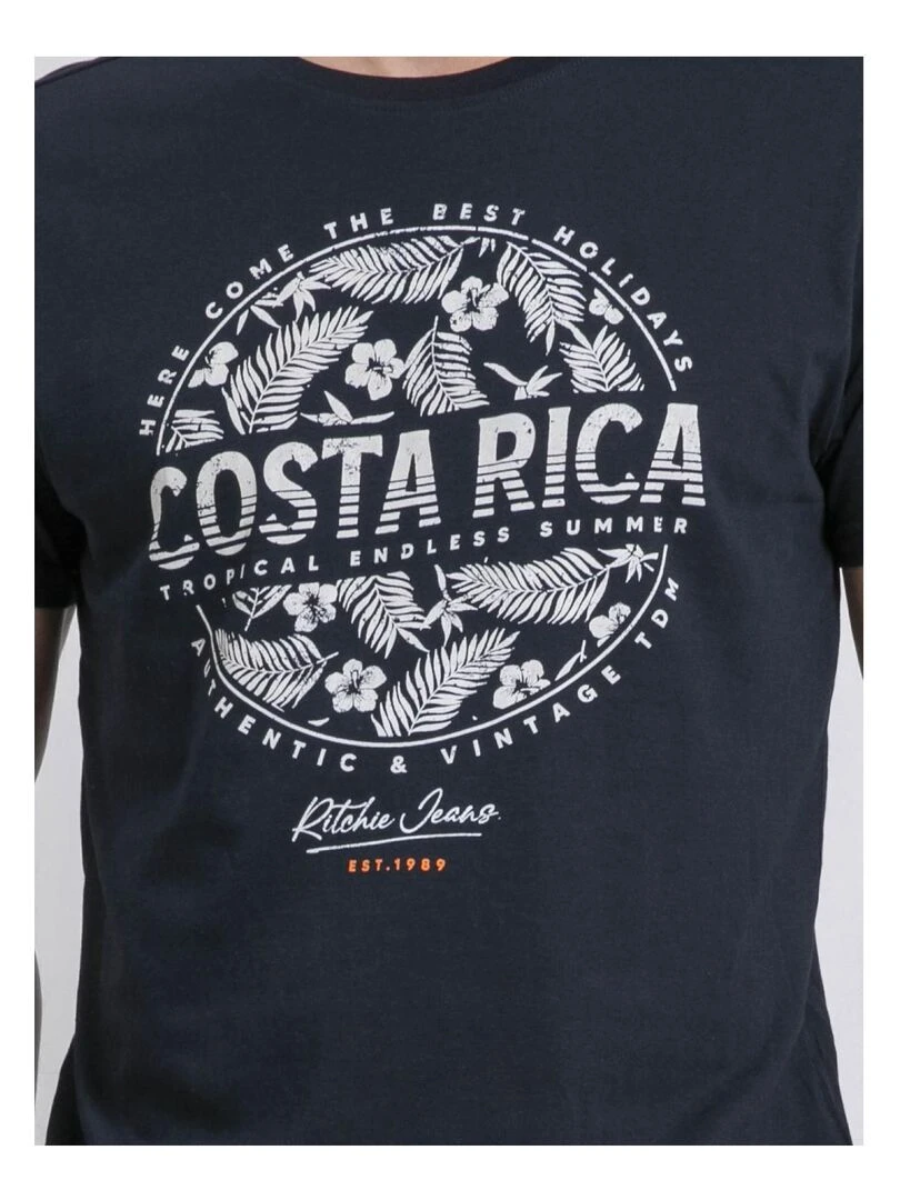 T shirt col rond pur coton NEVOLTA   Bleu marine