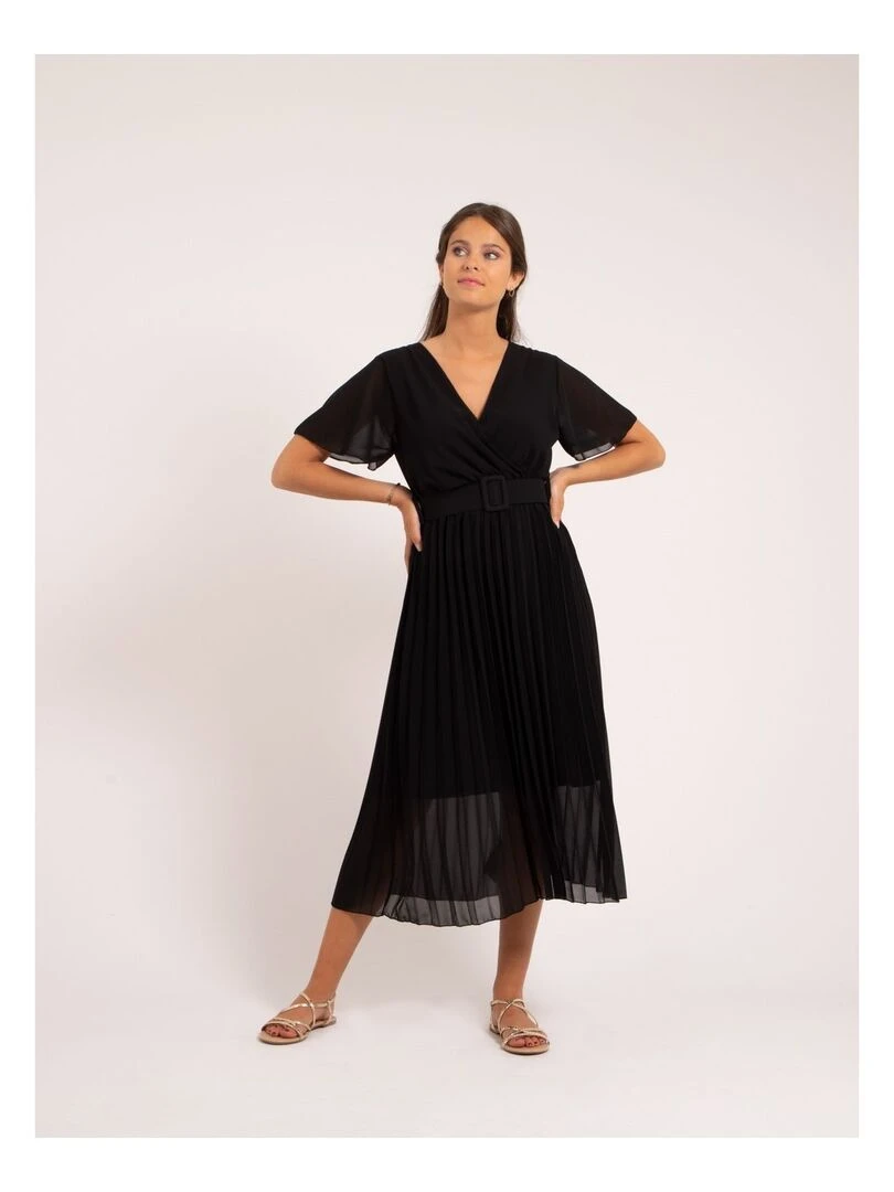 Robe midi plissée et ceinture ISALA Noir