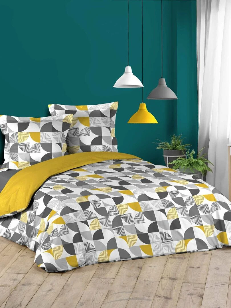 Housse de couette 240x220 + 2 taies Rythmo gris coton Bleu