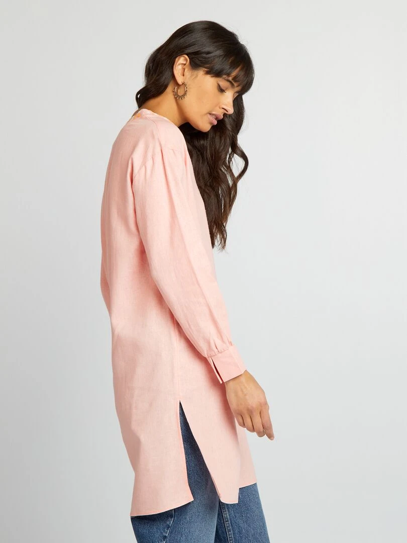 Blouse longue en lin avec col tunisien   Rose