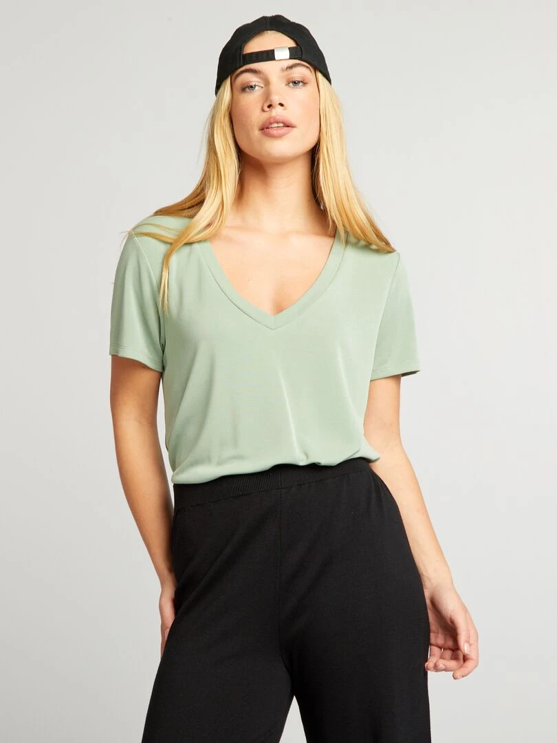 T shirt stretch à col V Vert