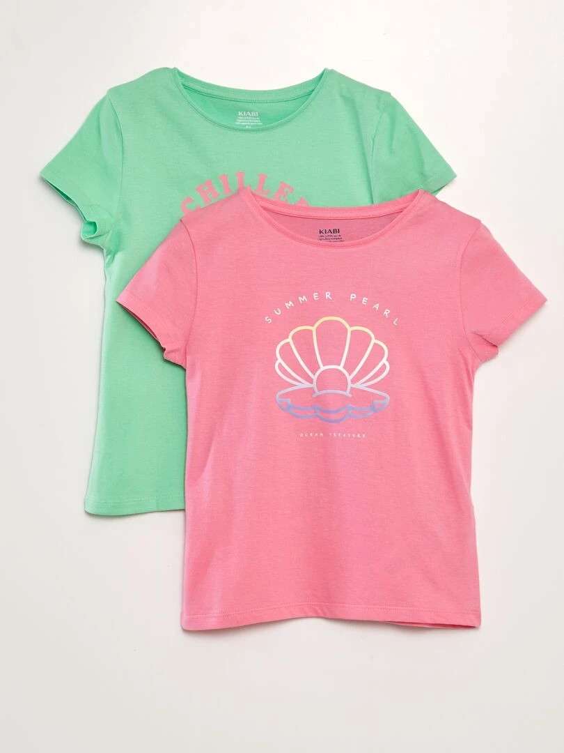Lot de 2 tee shirts à message Rose/vert