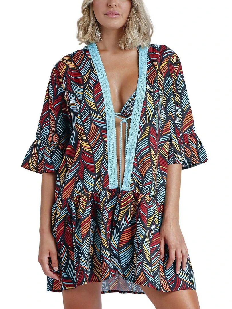 Caftan de plage Ethnic Feathers Bleu turquoise