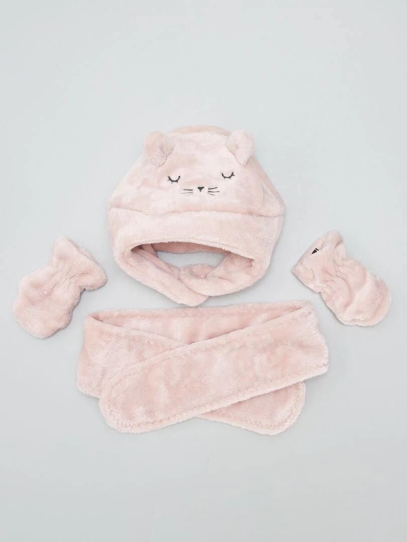 Ensemble bonnet + écharpe + moufles Rose