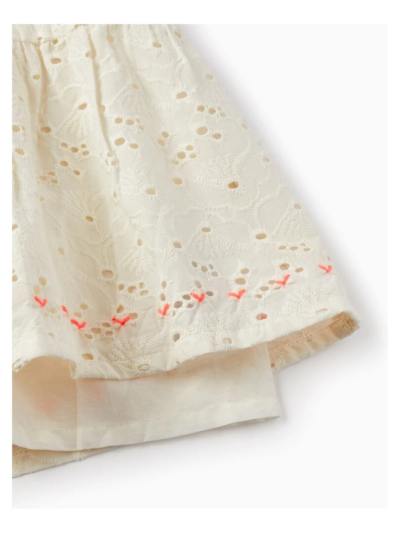 Robe En Coton Avec Broderie Anglaise Pour Fille manches courtes   Blanc