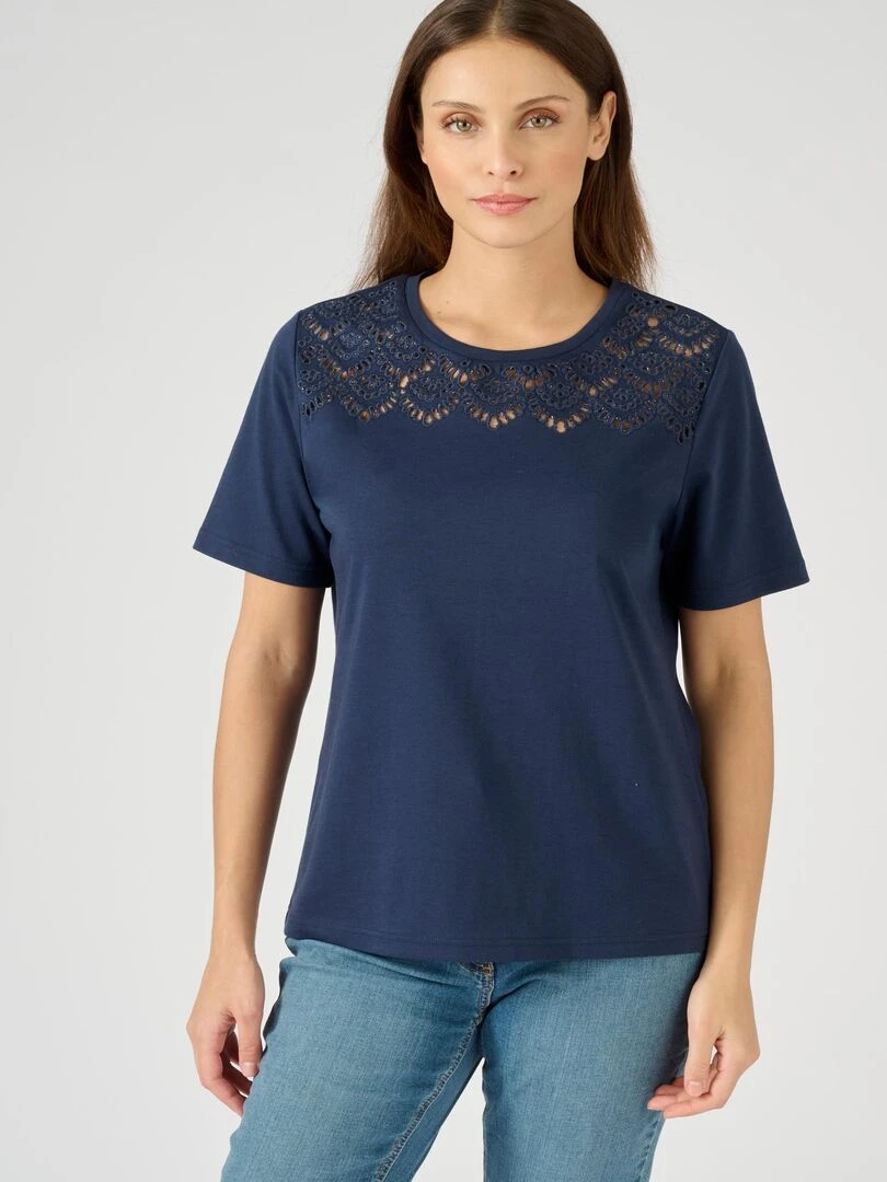 Tee shirt brodé pur coton   Damart   Bleu marine