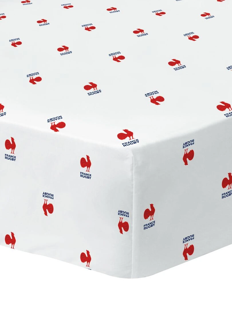 Drap housse imprimé 100% coton FRANCE RUGBY BALL Blanc Rouge