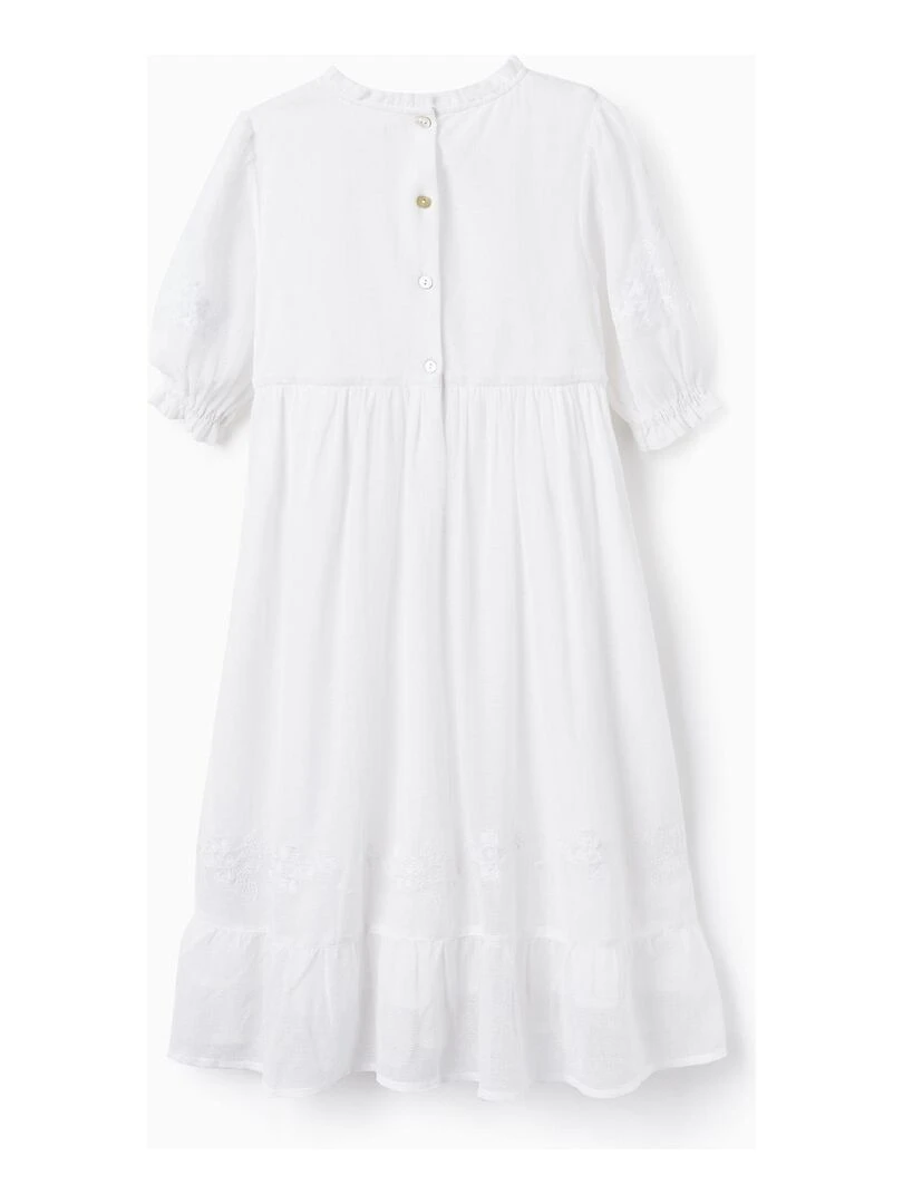 Robe En Coton En Maille Filet Avec Broderies Pour Fille manches courtes CEREMONY COLLECTION Blanc