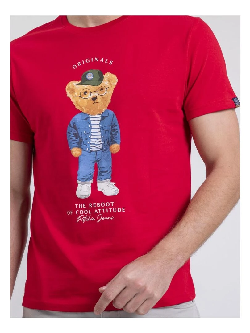 T shirt col rond pur coton NOBENITO   Rouge