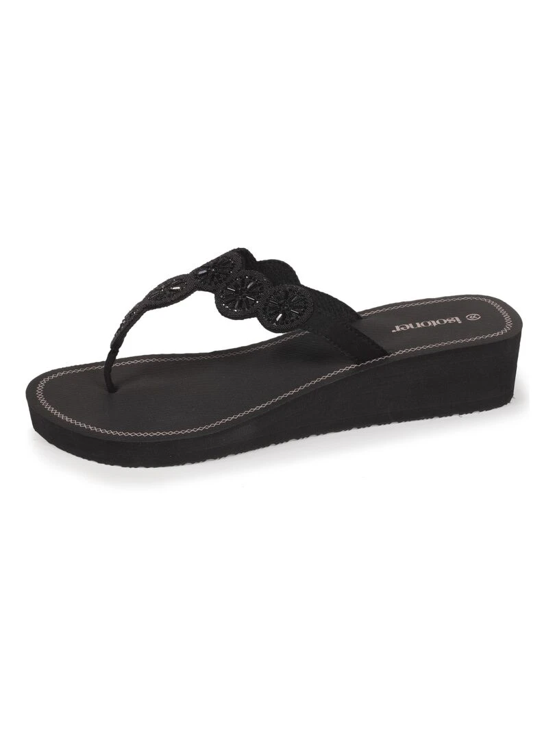 Tongs compensée Femme Perles Noir Noir
