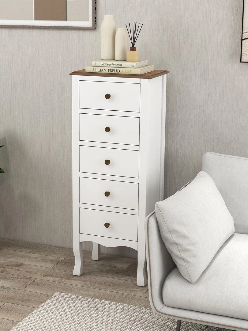 Chiffonnier 5 tiroirs design néo rétro MDF bois blanc   Blanc
