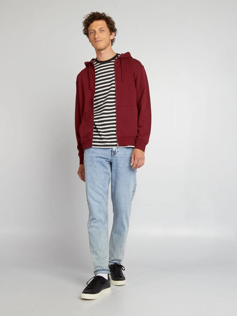 Sweat zippé à capuche en molleton uni Bordeaux