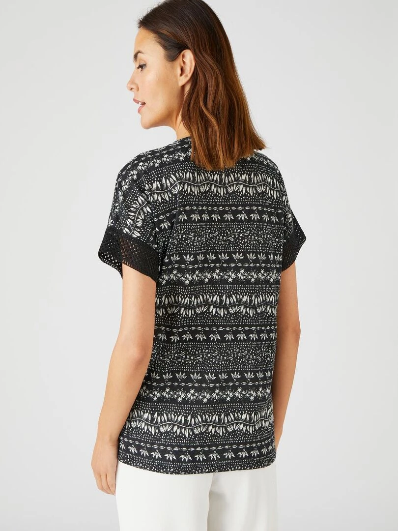 Tee shirt détails fantaisie mélange lin  manches courtes    Damart   Noir Blanc