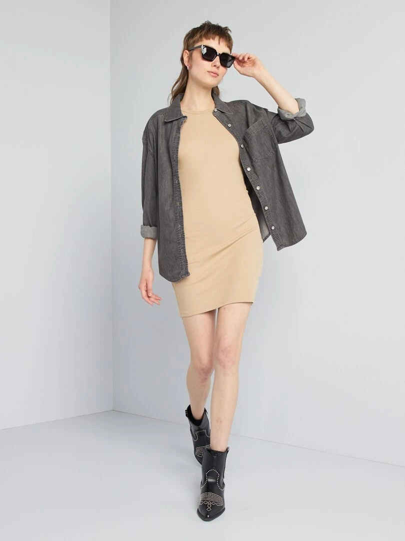 Robe courtes moulante côtelé Beige