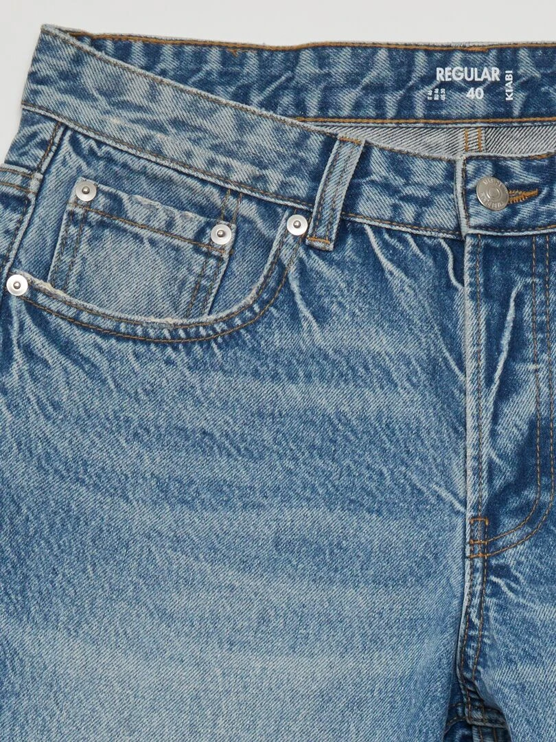 Jean droit à 5 poches avec délavage sur les cuisses   Bleu