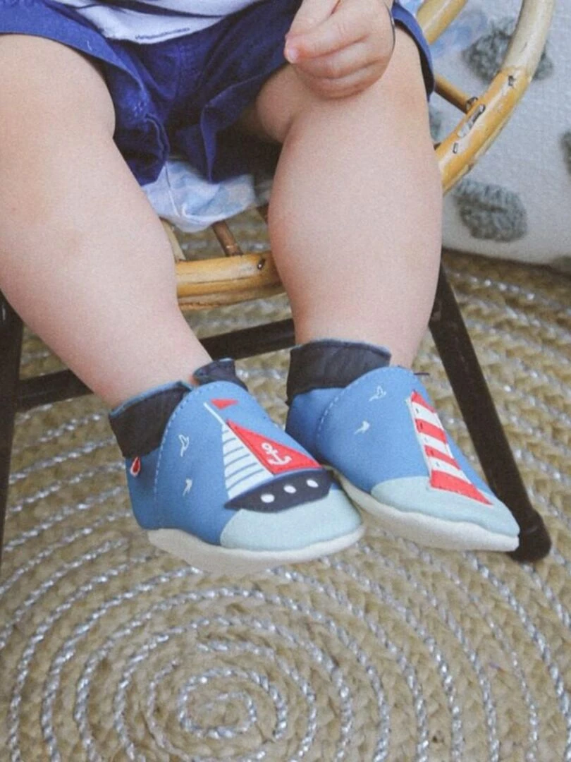 Chaussons bébé cuir souple Mathéo sur l'eau   Bleu Bleu