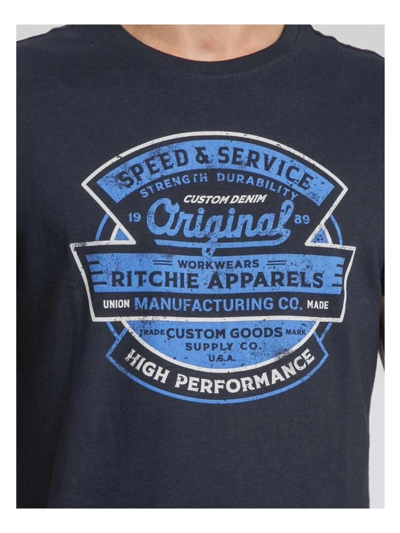 T shirt col rond pur coton JIROBIN   Bleu marine