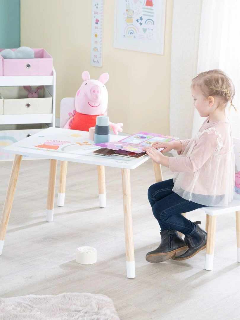 ROBA Ensemble Table + 2 Chaises Enfants 'Peppa Pig' Motif Truie Pieds en Bois Naturel Rose Blanc Rose clair Gris