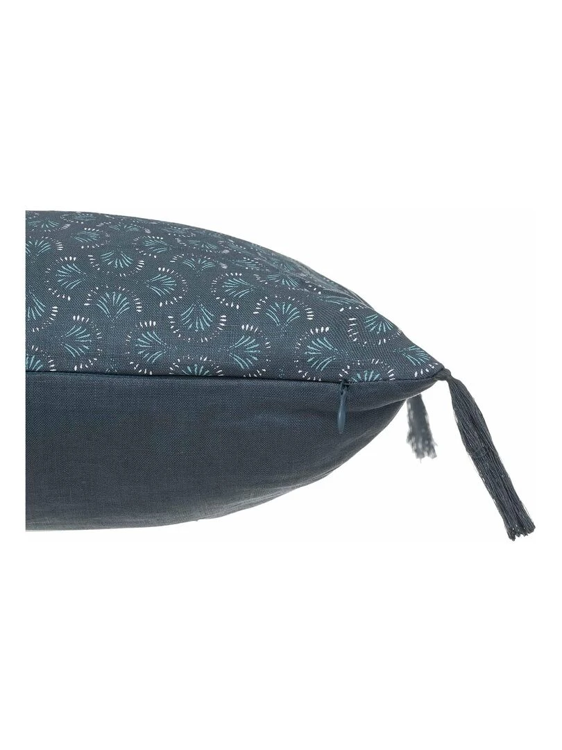 Coussin imprimé en lin   Bleu canard