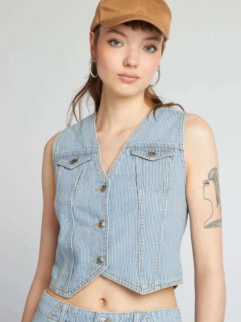 Gilet garçon de café en jean rayé Bleu