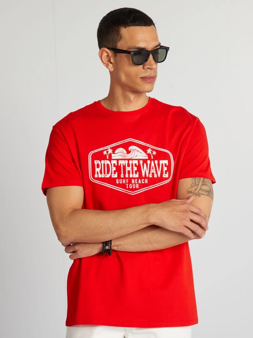 T shirt en coton imprimé à col rond   Rouge