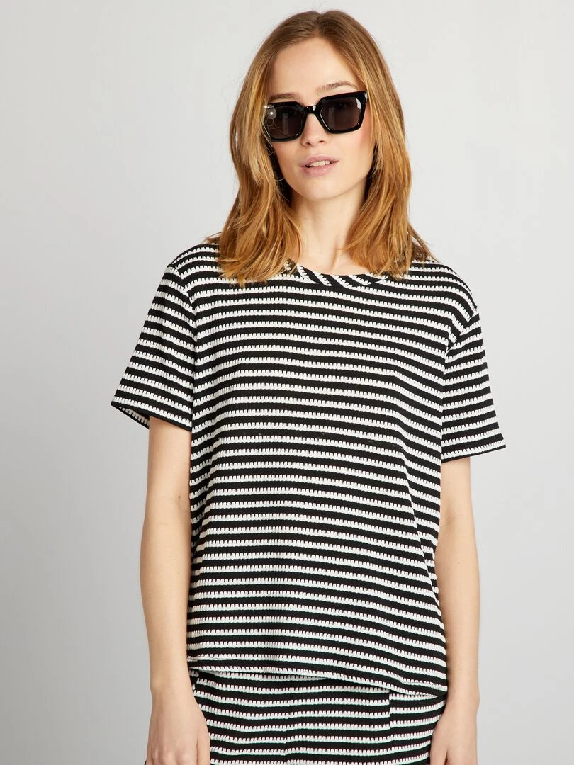 T shirt rayé en crochet   Noir