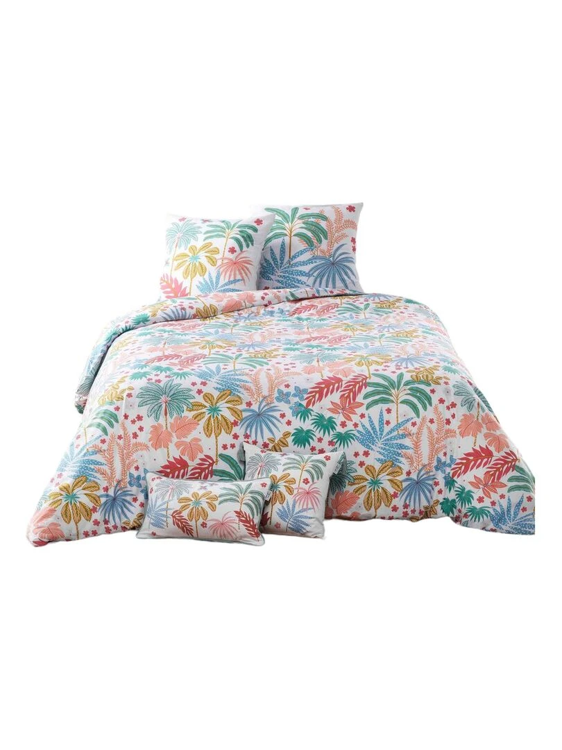 Housse couette + 2 taies 220 x 240 cm Feuilles maya Blanc