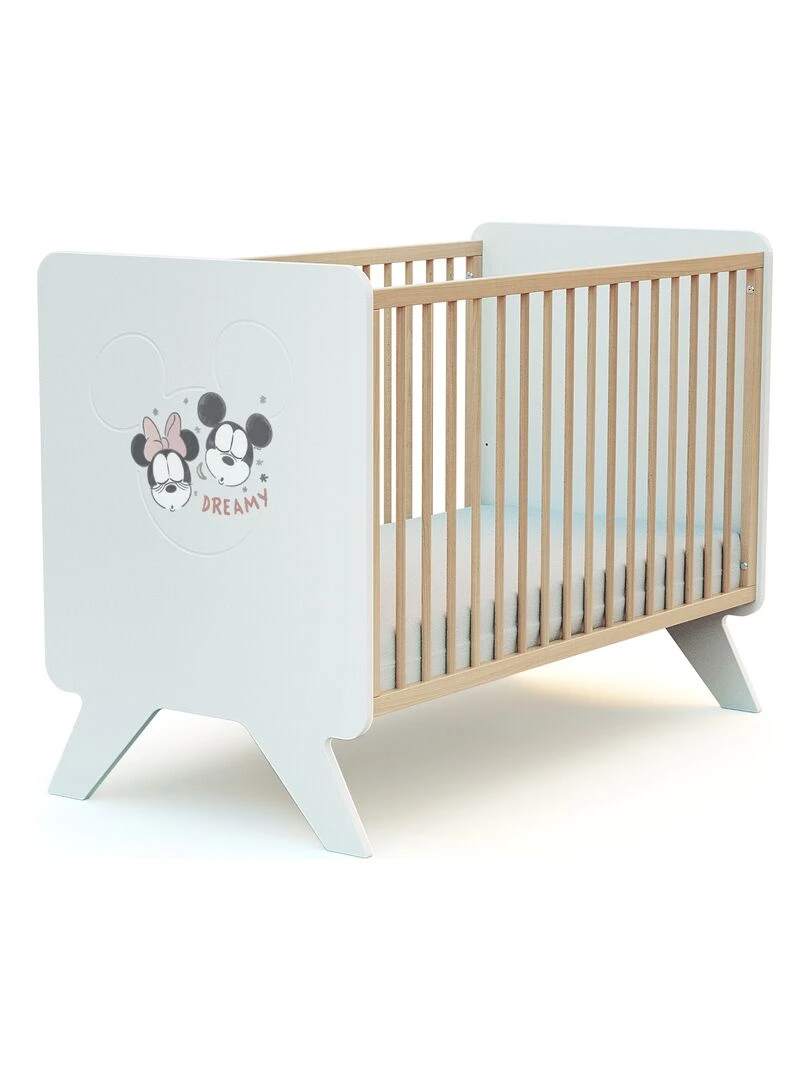 AT4 Lit bébé Disney Happy Days Mickey en bois Blanc et Hêtre 60 x 120 cm Marron clair