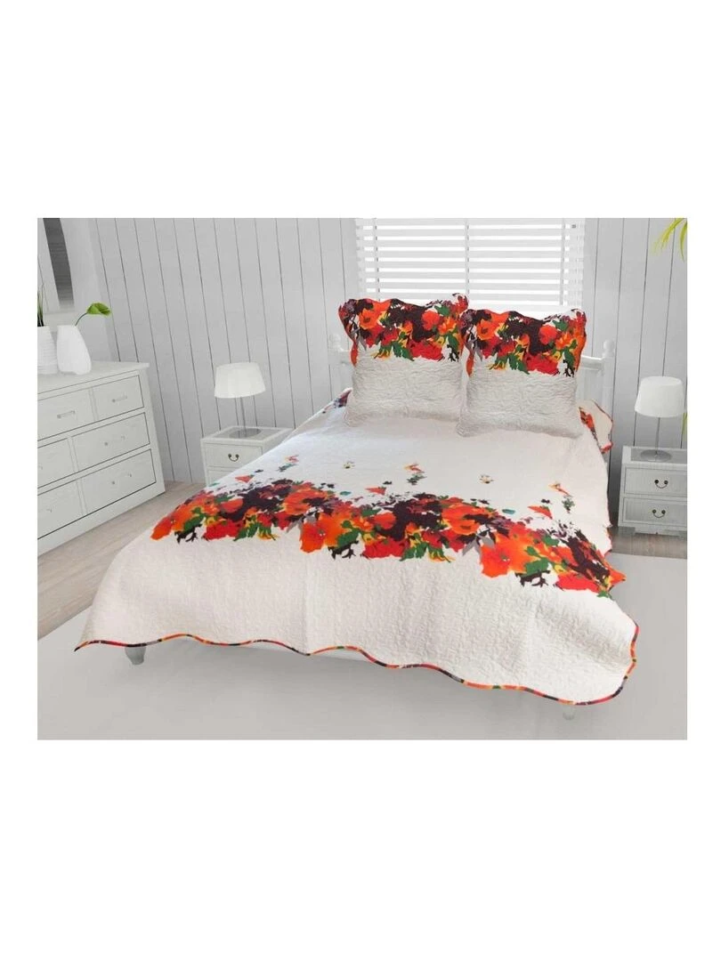 Couvre lit microfibre + taies fleuri Marron