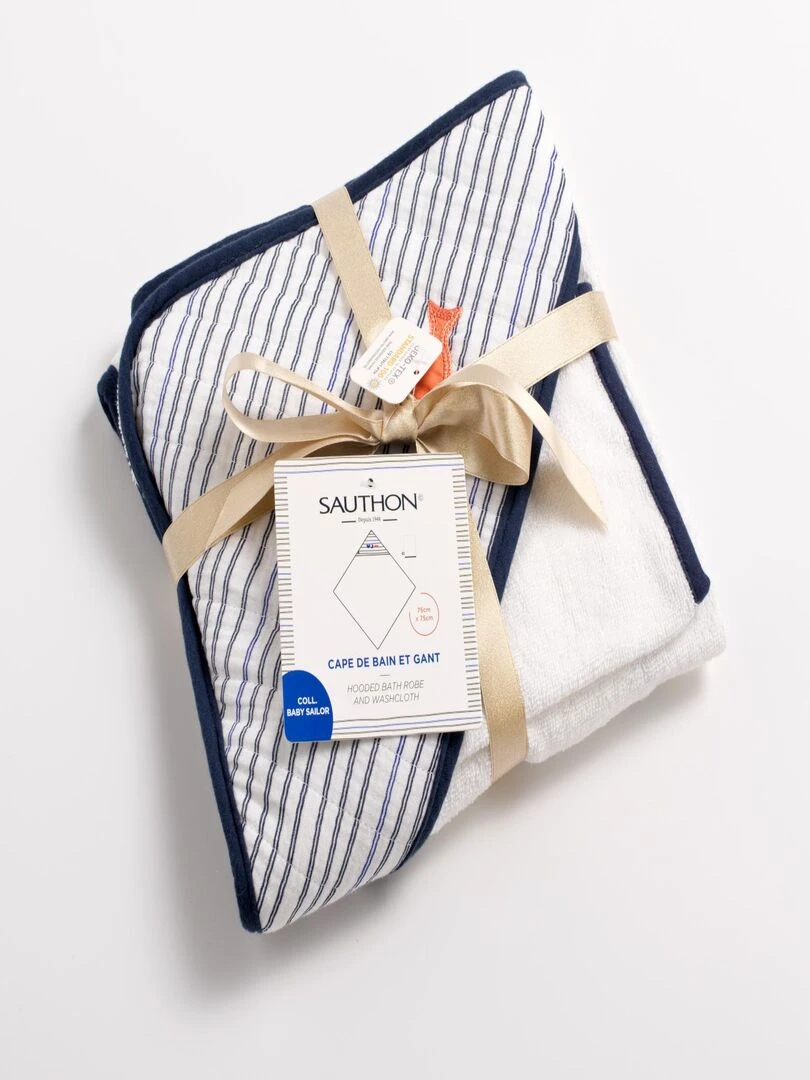 Cape de bain et gant en double gaze de coton et éponge SAUTHON Blanc