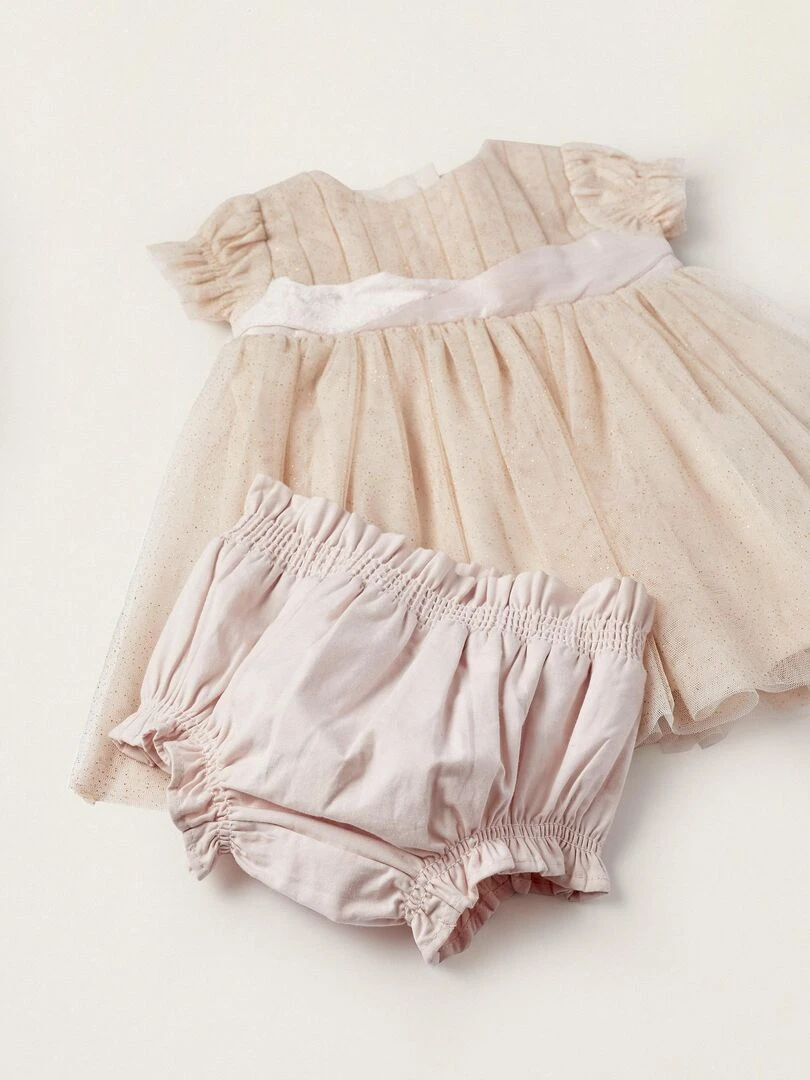 Robe en tulle avec paillettes + Bloomer pour nouveau nés manches courtes CÉRÉMONIE   Rose