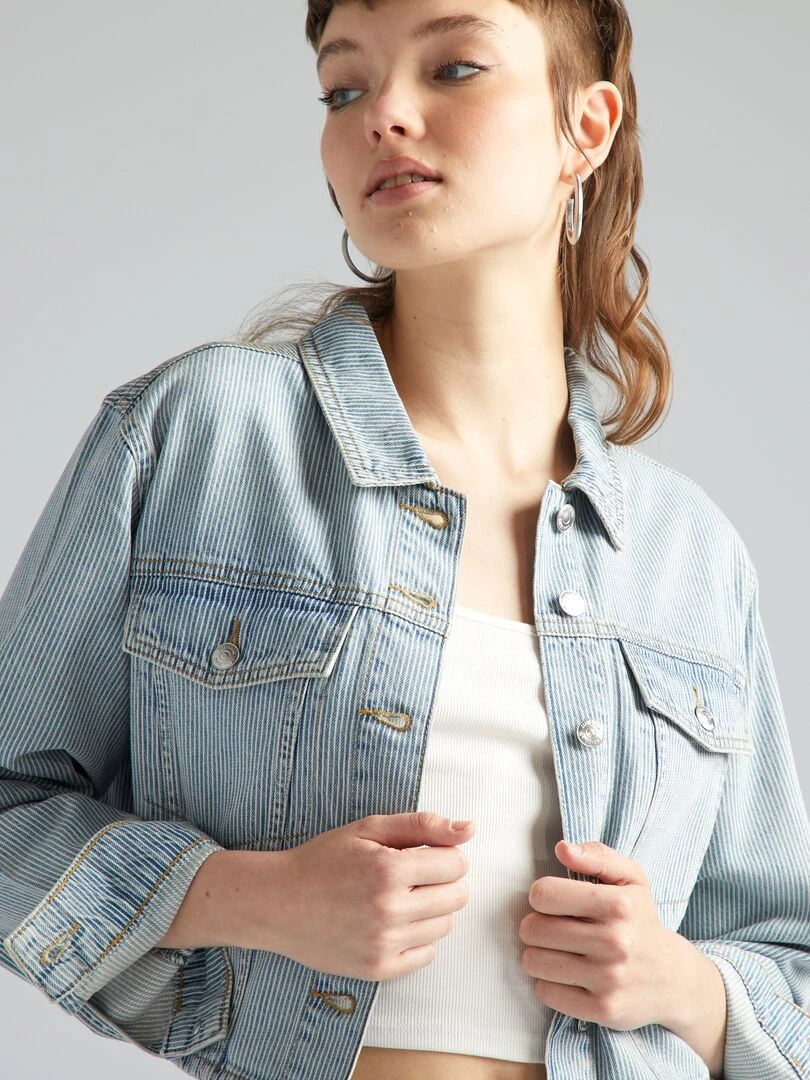 Veste en jean courte à rayures   Bleu